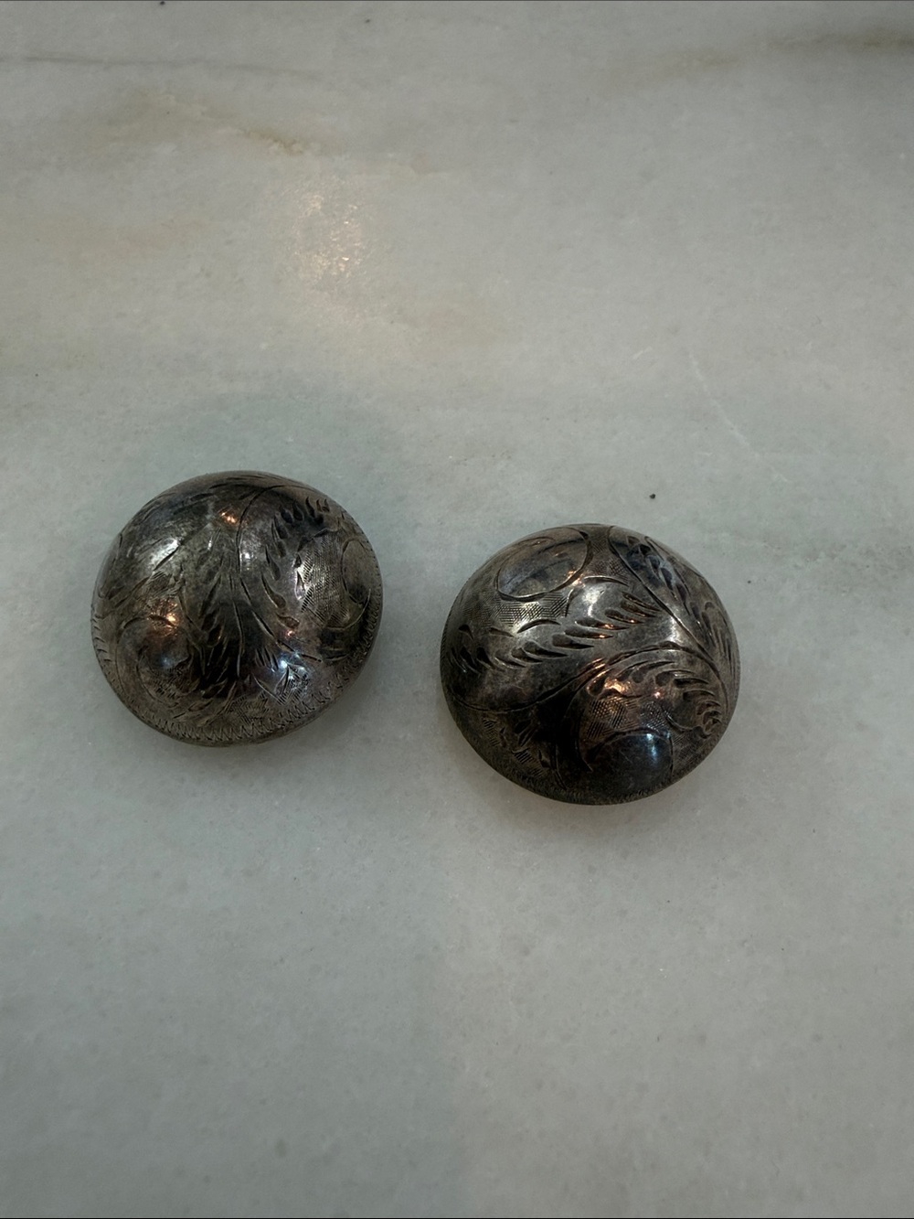 Vintage Sterling Silver 925 Etched Dome Clip-On Earrings | Floral Scroll Button